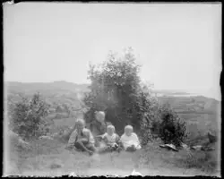 Dame og tre barn sitter i gresset foran et lite tre