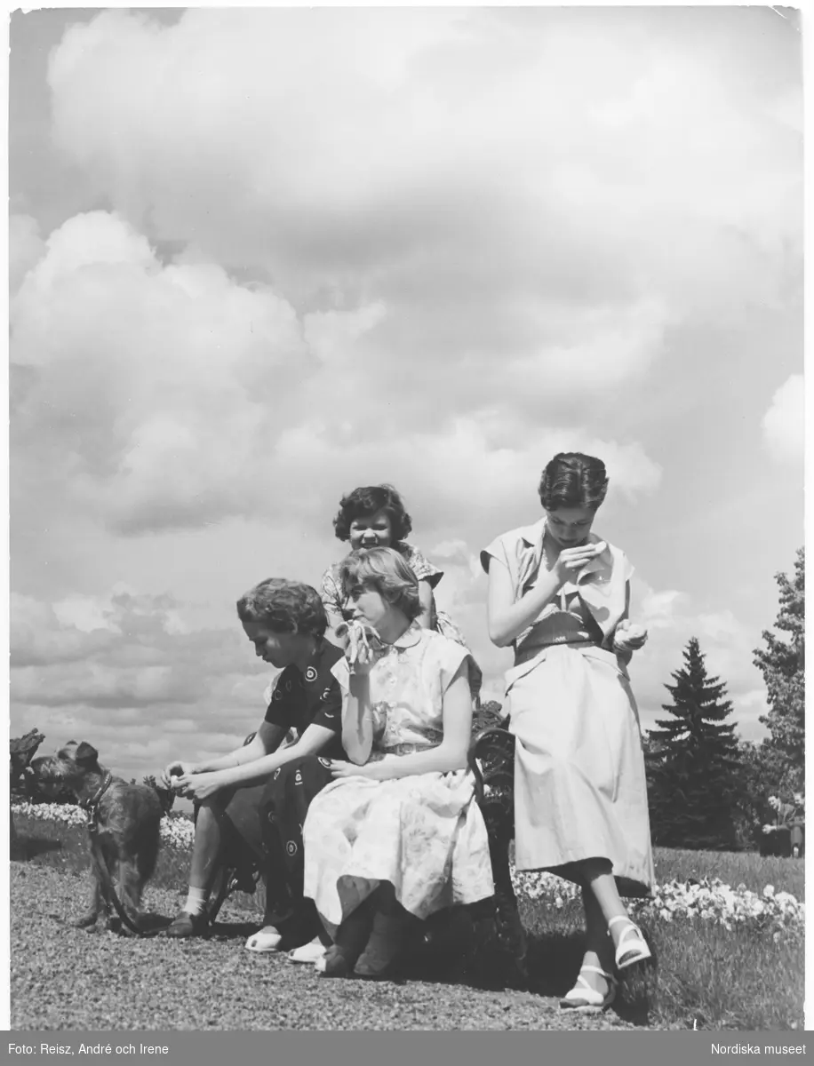 Gruppbild av fyra flickor och en hund i naturen.