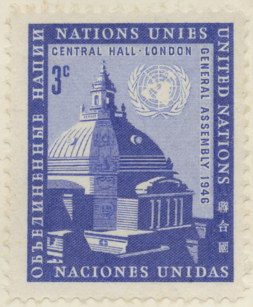 Frimärke ur Gösta Bodmans filatelistiska motivsamling, påbörjad 1950.
Frimärke från F.N., 1946. Motiv av Central Hall i London 1946