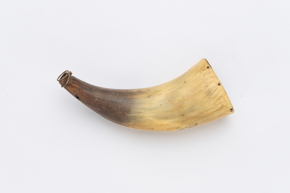 Krutthorn av avkappet buet horn. Trebunn innsatt i den avkappede enden. I toppen et lite spor med en tråd snurret rundt munningen. Gult horn ved bunnen, overgang til brun mot toppen.
