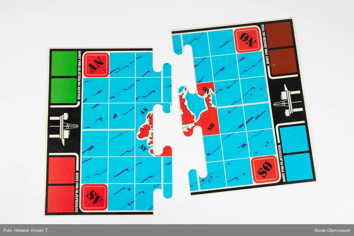 Brettspill oppbevart i original eske med lokk. Spillet handler om oljevirksomhet i Nordsjøen og spillets regler kan leses på innsiden av lokket. Esken har innbygde rom til oppbevaring av kort og spillebrikker, og et felt hvor banken kan holde oversikt på lån. Det er også en tabell som viser hva spillerne kan tjene på sine investeringer. 

Spillet består av et spillebrett i to deler, fire bunker med fargede kort, seks bunker med sedler, tretten boretårn i tre forskjellige varianter, og eierskap- og lånsmarkører i seks forskjellige farger.