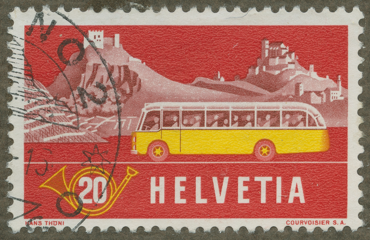 Frimärke ur Gösta Bodmans filatelistiska motivsamling, påbörjad 1950.
Frimärke från Schweiz, 1953. Motiv av Schweizisk Postbuss