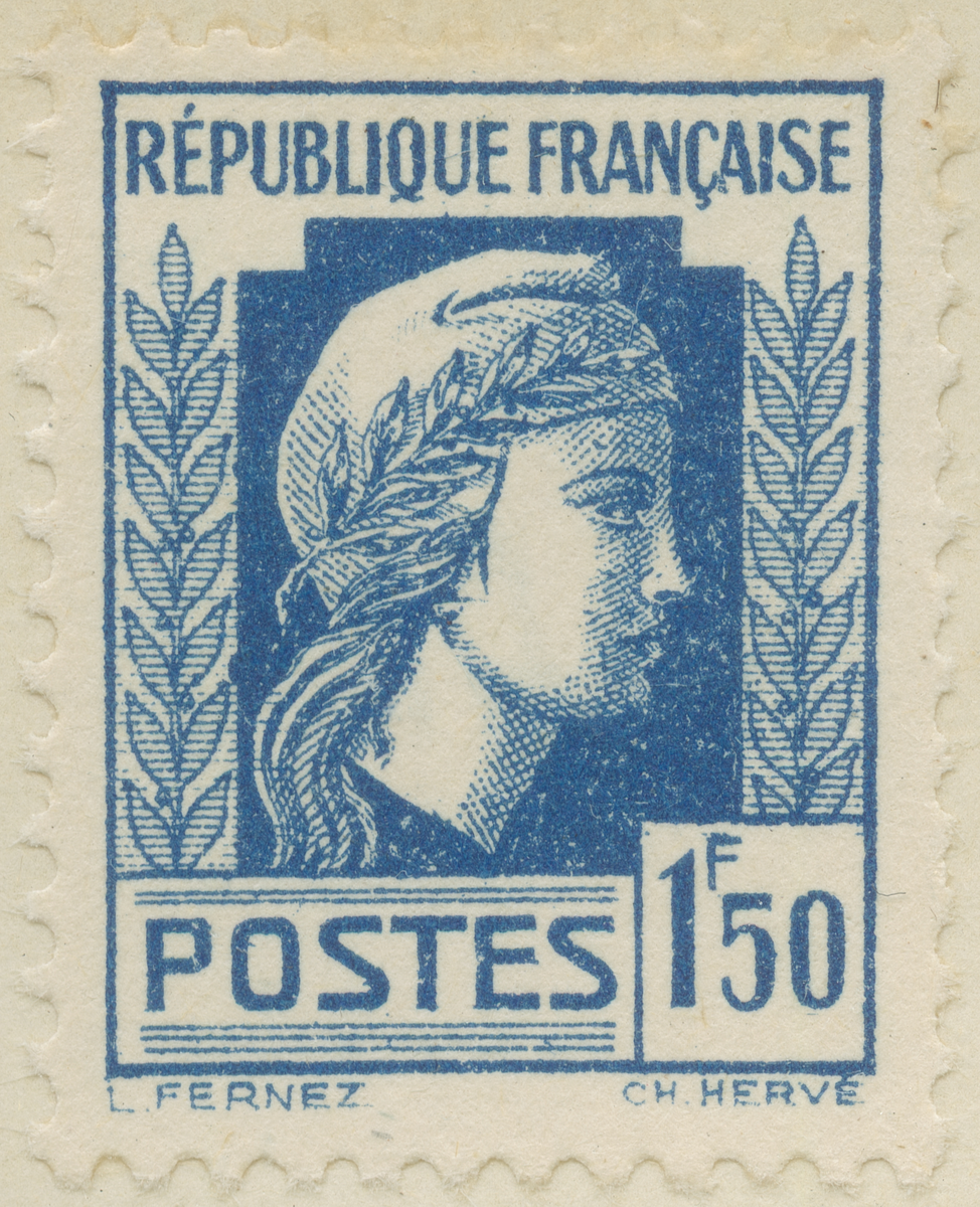 Frimärke ur Gösta Bodmans filatelistiska motivsamling, påbörjad 1950.
Frimärke från Frankrike, 1944. Motiv av "Marianne" -Symbol för Frankrike-