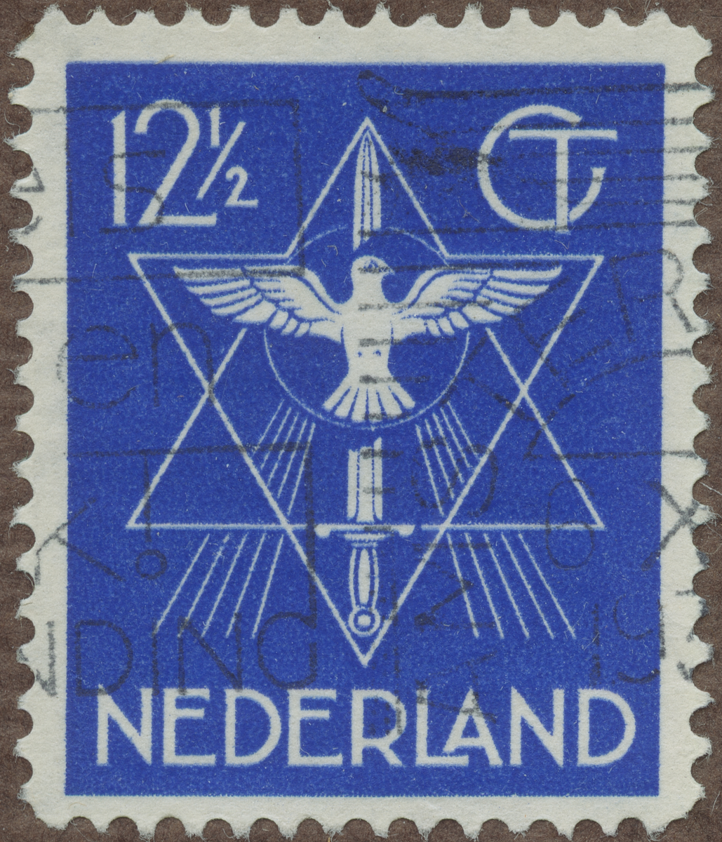 Frimärke ur Gösta Bodmans filatelistiska motivsamling, påbörjad 1950.
Frimärke från Nederländerna, 1933. Motiv av Symbol för Världsfreden: Fredsduva med svärd inom "Salomos sigill"-