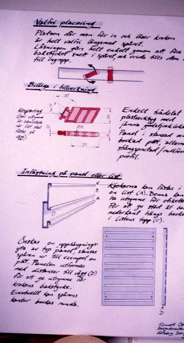 Kroksystem. Egenproduktidé för licnesförsäljning, senare såld till Kinnarps serie Zonit skärmsystem. Prototyp och beskrivning av design.