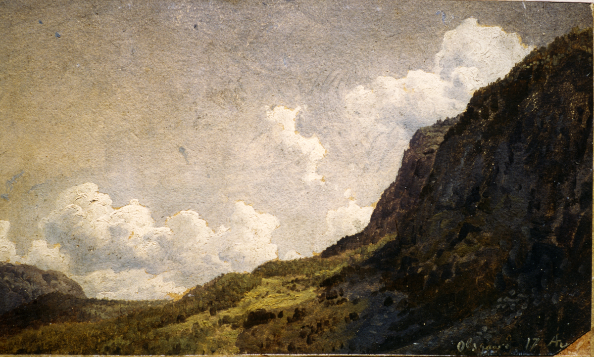 Beia med Olsonbråten i bakgrunn. Maleri av Hans Gude. Tekst på maleriet: Olsgaard.

