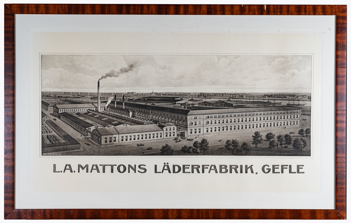 Inramat litografikst blad, föreställande Mattons läderfabrik.
