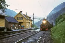 Damplokomotiv 26c 411 med veterantog på Evanger stasjon på B