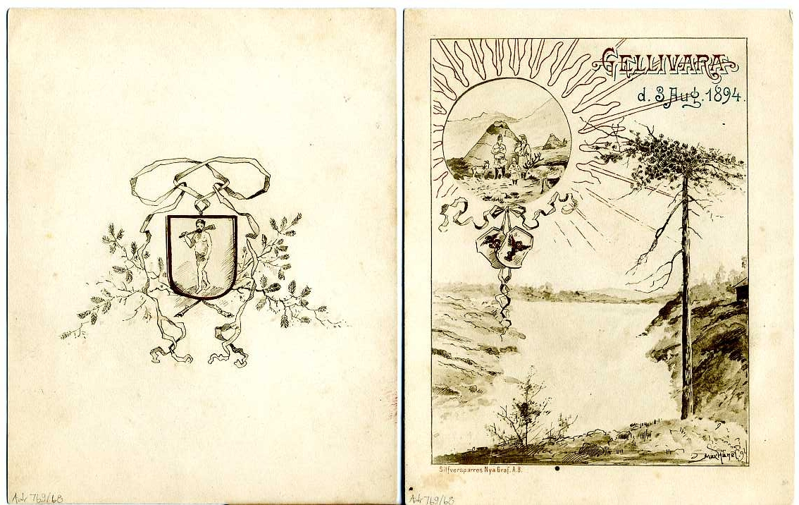 Matsedel och vinlista i två delar. Tryckt illustration av konstnären Max Hänel, daterat 1894, med landskapsvy, samer och renar samt texten "Gellivara d. 3 Aug. 1894."