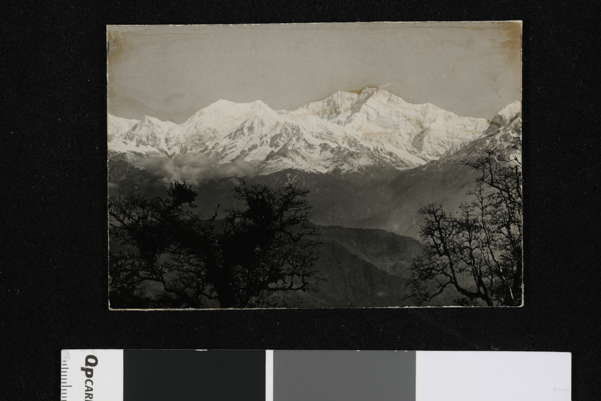 Landskap med fjell (Kanchanjunga), Sikkim. Fotografi samlet inn i forbindelse med Elisabeth Meyers reise til India 1932-33.