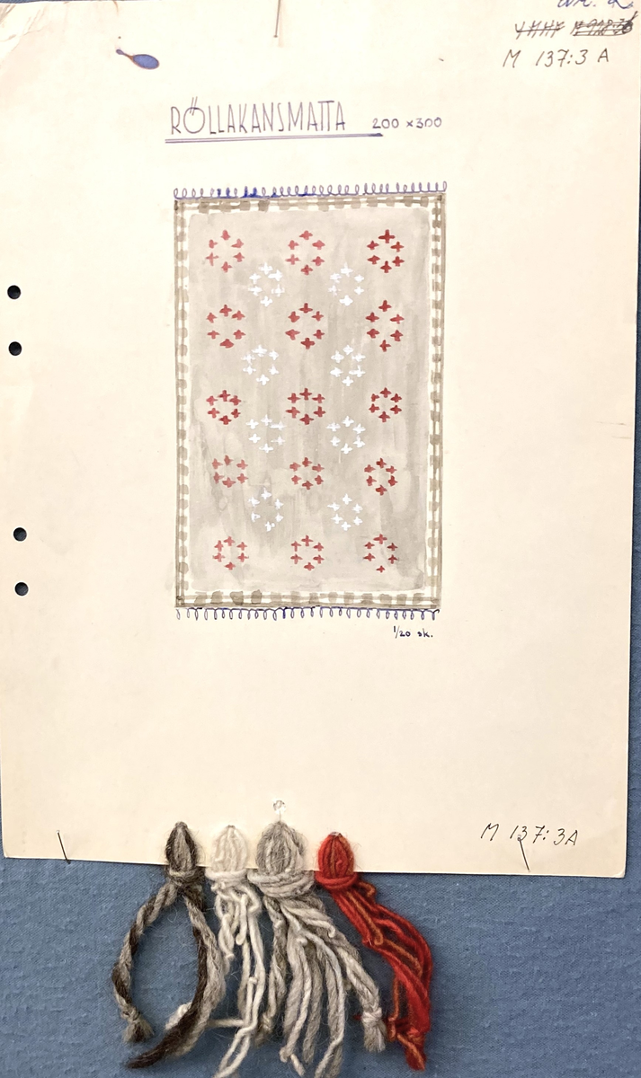 Färgskisser till röllakansmatta i svarta, grå och röda nyanser storlek 200 x 300 cm

1. storlek på skissen 16 x 10 cm
2. storlek på skissen på rutpapper 26,5 x 42 cm