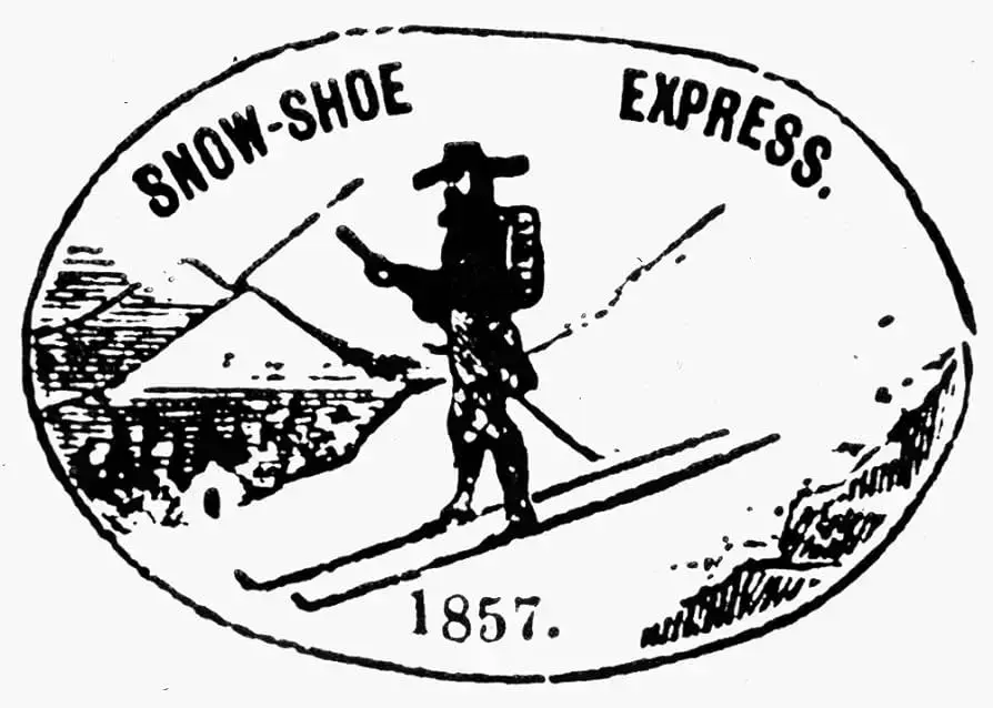 Stempel, tegning av Thompson, i helfigur med ski, sekk, hatt og stav. 1857, Snow-shoe express, 