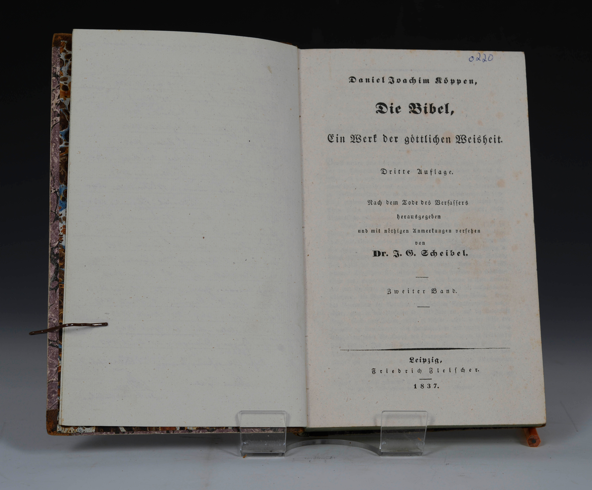 Køppen, Daniel Joachim. Die Bibel ein Werk der Göttlichen Weisheit. Dritte Aufl. I-II
Leipzig 1837

Første bind.
