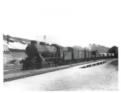 Damplokomotiv type 39a nr. 308 med godstog på Finse stasjon