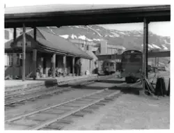 Lomi stasjon på Sulitjelmabanen. Diesellokomotivet TYR (t.h.