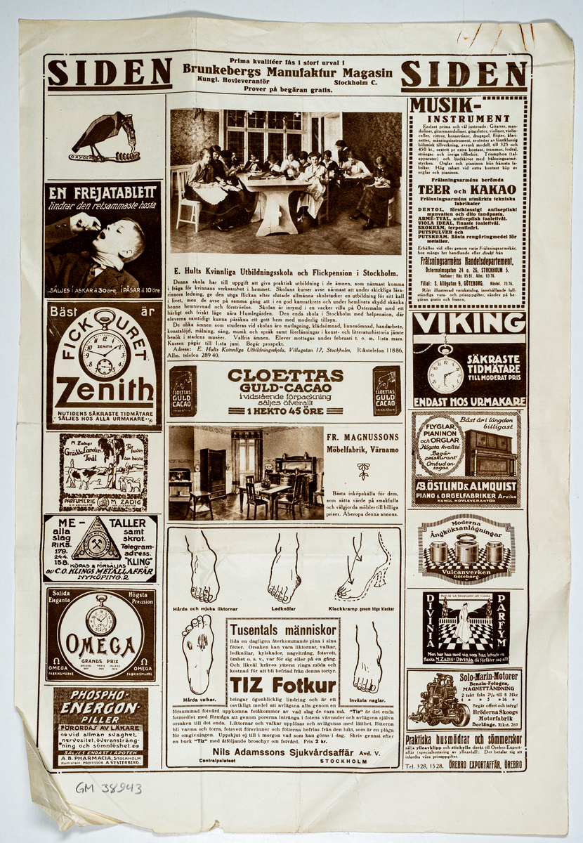 Intygsreklam, annons, tryckt i brunt på vitt papper. Bild på kvinna i hatt samt signerade intygstexter.
På baksidan diverse annonnser. Från 1916.