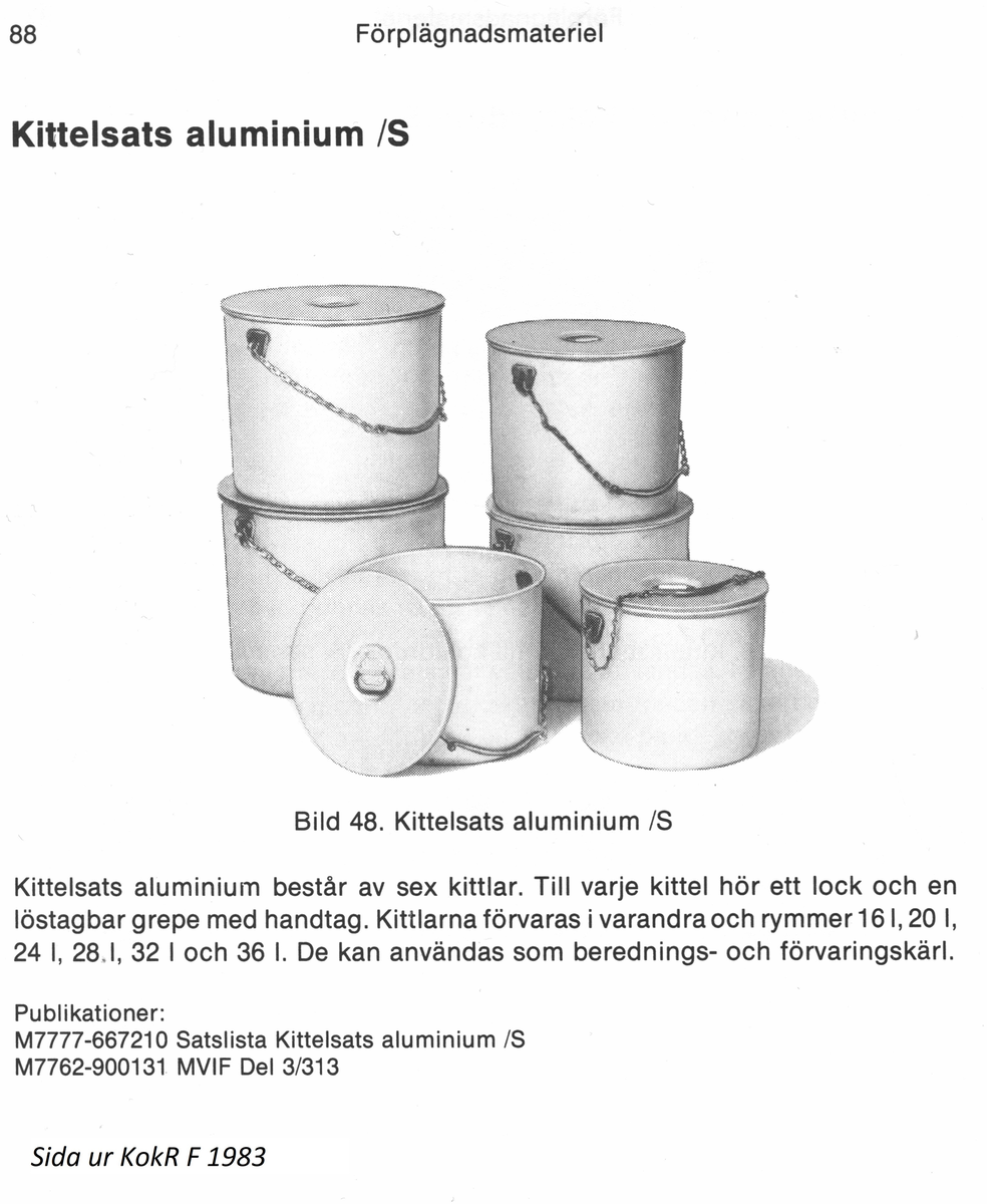 Kittelsats aluminium består av sex kittlar. Till varje kittel hör ett lock och en löstagbar grepe med handtag. Kittlarna förvaras i varandra och rymmer 16 liter, 20 liter, 24 liter, 28 liter, 32 liter och 36 liter. De kunde användas som berednings- och förvaringskärl. 
Kittelsats aluminium /S finns beskriven i ”Kokinstruktion för armén del 1 (kokI 1) 1951”, ”Kokinstruktion för armén (kokI A) 1961” och i Koktjänstreglementen för Försvarsmakten del 1 (KokR F) 1983.