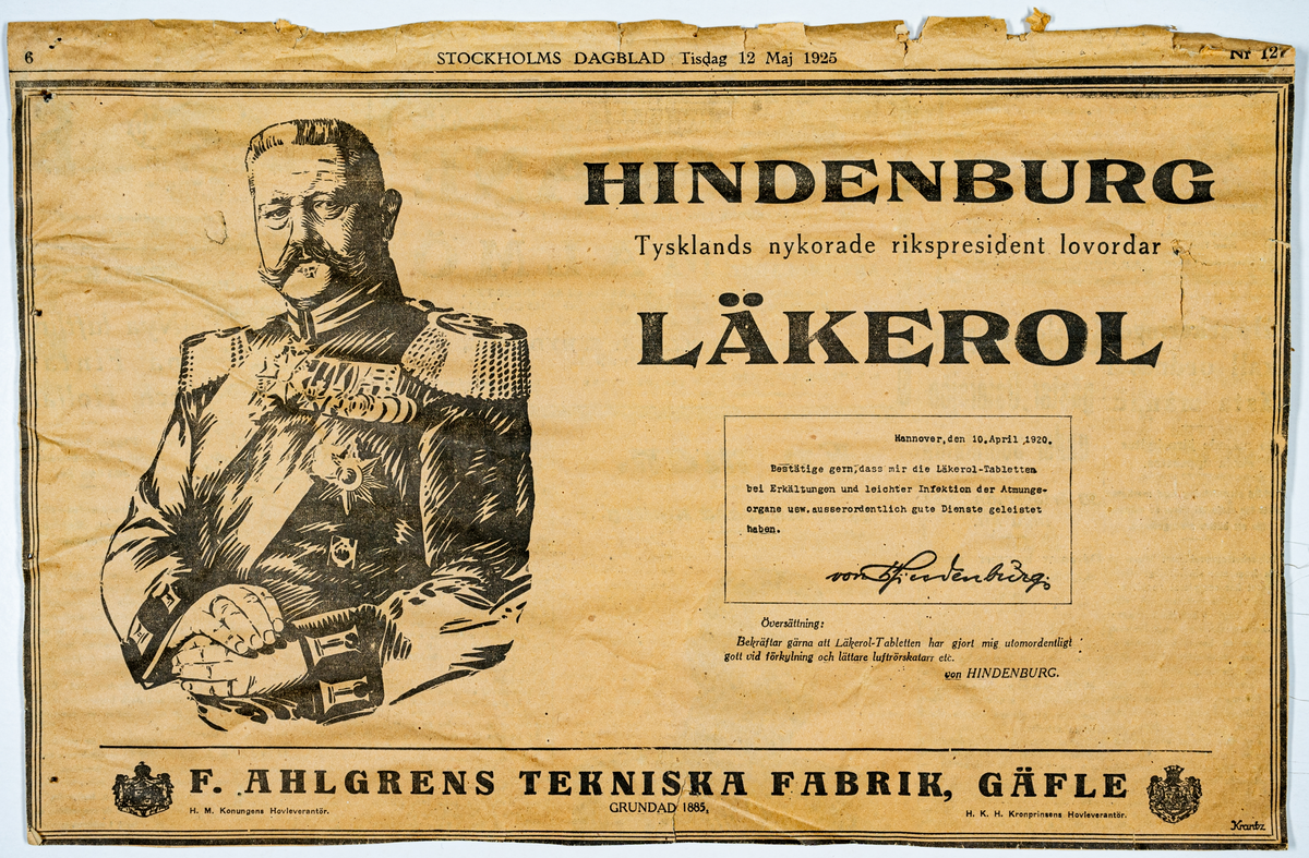 Reklamannons i Stockholm Dagblad från 1925, tryckt intygstex, bild på Paul von Hindenburg.
Baksida med allehanda annonser från Norrlands Allehanda.