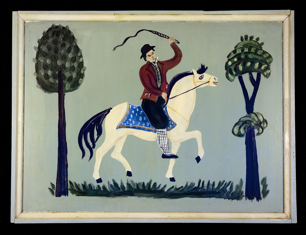 Tre ulike motiv: Adam, Eva og slangen i paradis ; ryttar til hest ; spelemann og ein kunstnar som måler roser. Tydeleg inspirert av folkekunst.  