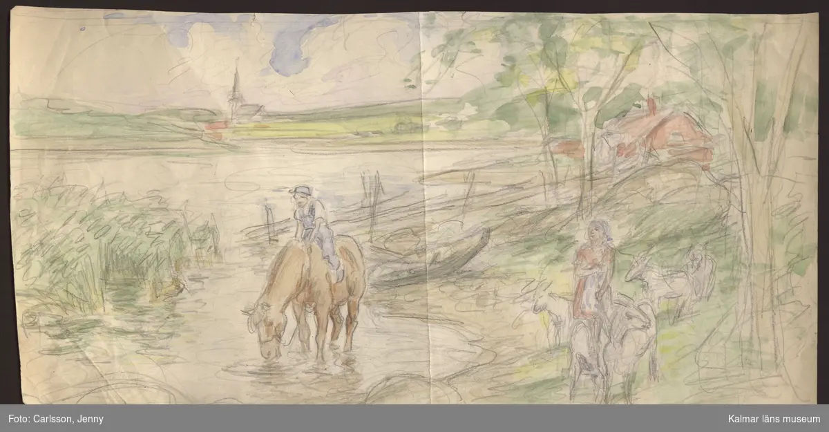 En flicka vallar getter vid en sjö. Ute i sjön sitter en pojke på ryggen på en häst. På strandkanten ligger en eka uppdragen.