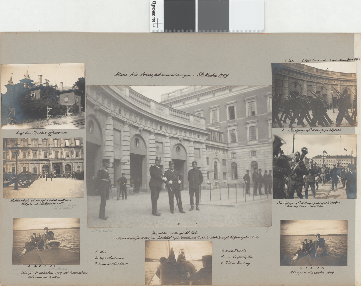 Text i fotoalbum: "Minnen från Storstrejkskommenderingen i Stockholm 1909. Högvakten på Kungl. Slottet."