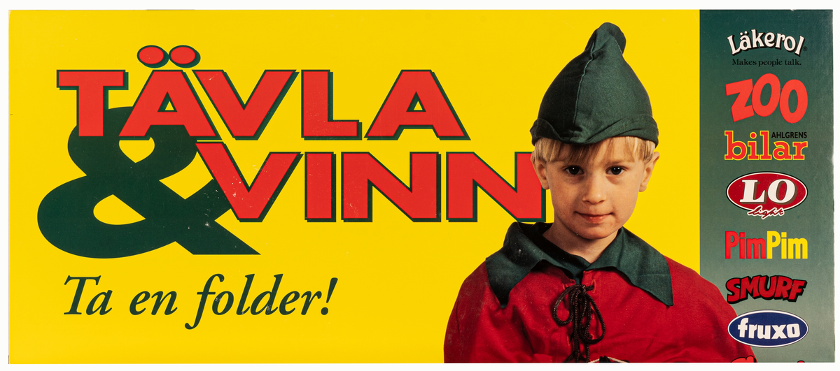 Reklamskylt, med reklam för Ahlgrens godis, gul bakgrund, pojke och röd och svart text: TÄVLA & VINN Ta en folder! Från 1996.