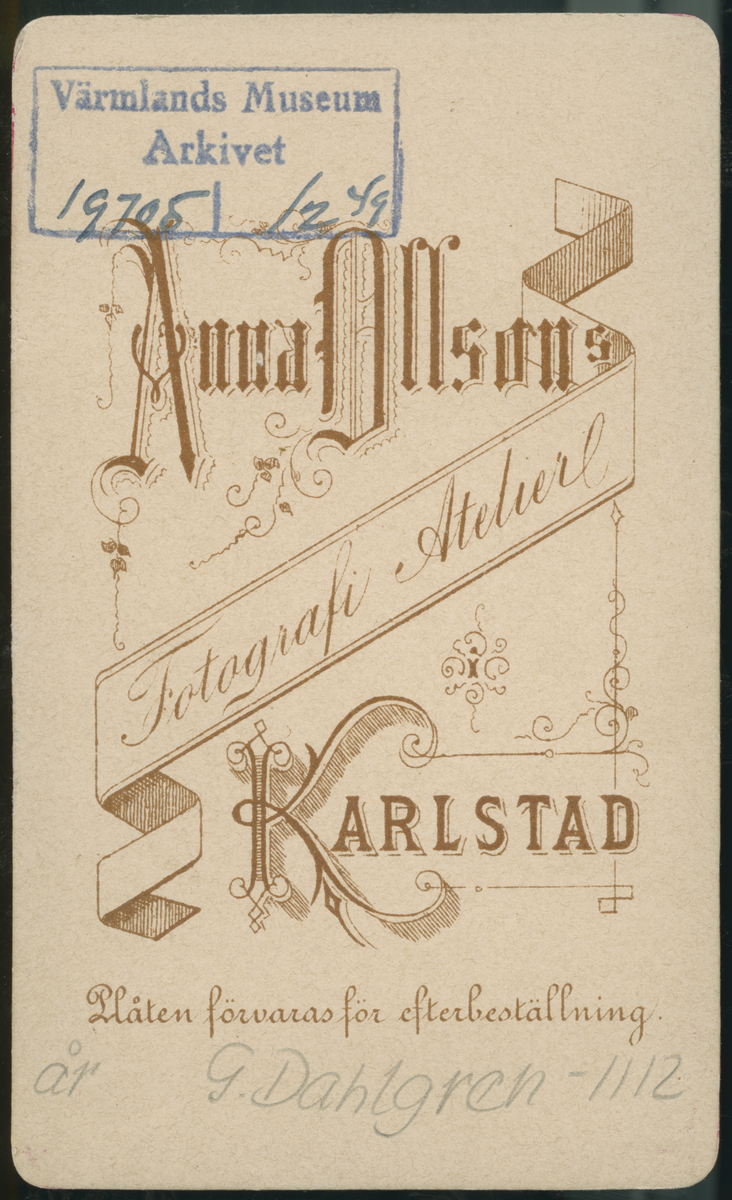 På kuvertet står följande information sammanställd vid museets första genomgång av materialet: Ingenjör Alfred Dahlgren