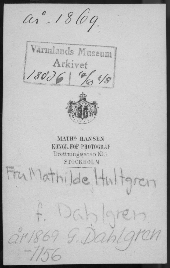 På kuvertet står följande information sammanställd vid museets första genomgång av materialet: Fru Mathilde Hultgren f. Dahlgren