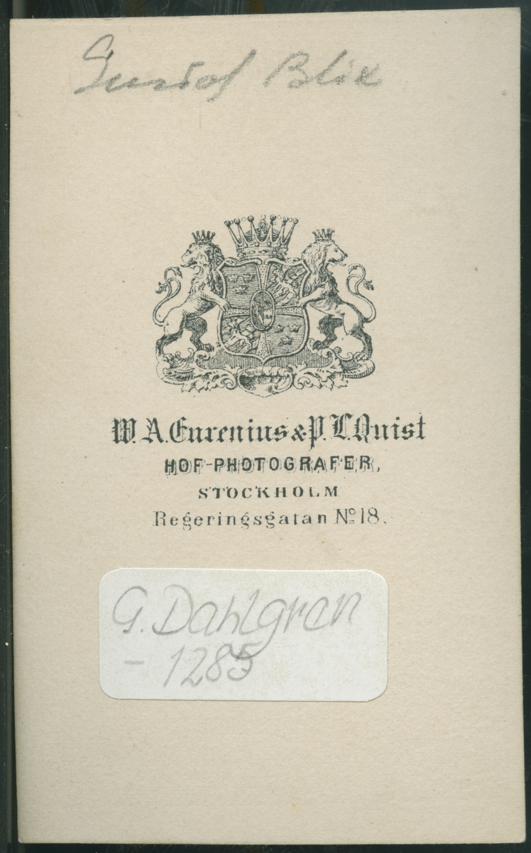 På kuvertet står följande information sammanställd vid museets första genomgång av materialet: Gustaf Blix
Stockholm.