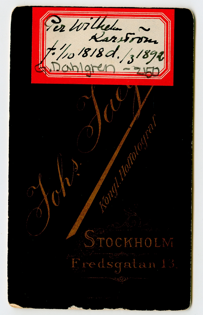 På kuvertet står följande information sammanställd vid museets första genomgång av materialet: Per Wilhelm Karström
f.1818d.1892