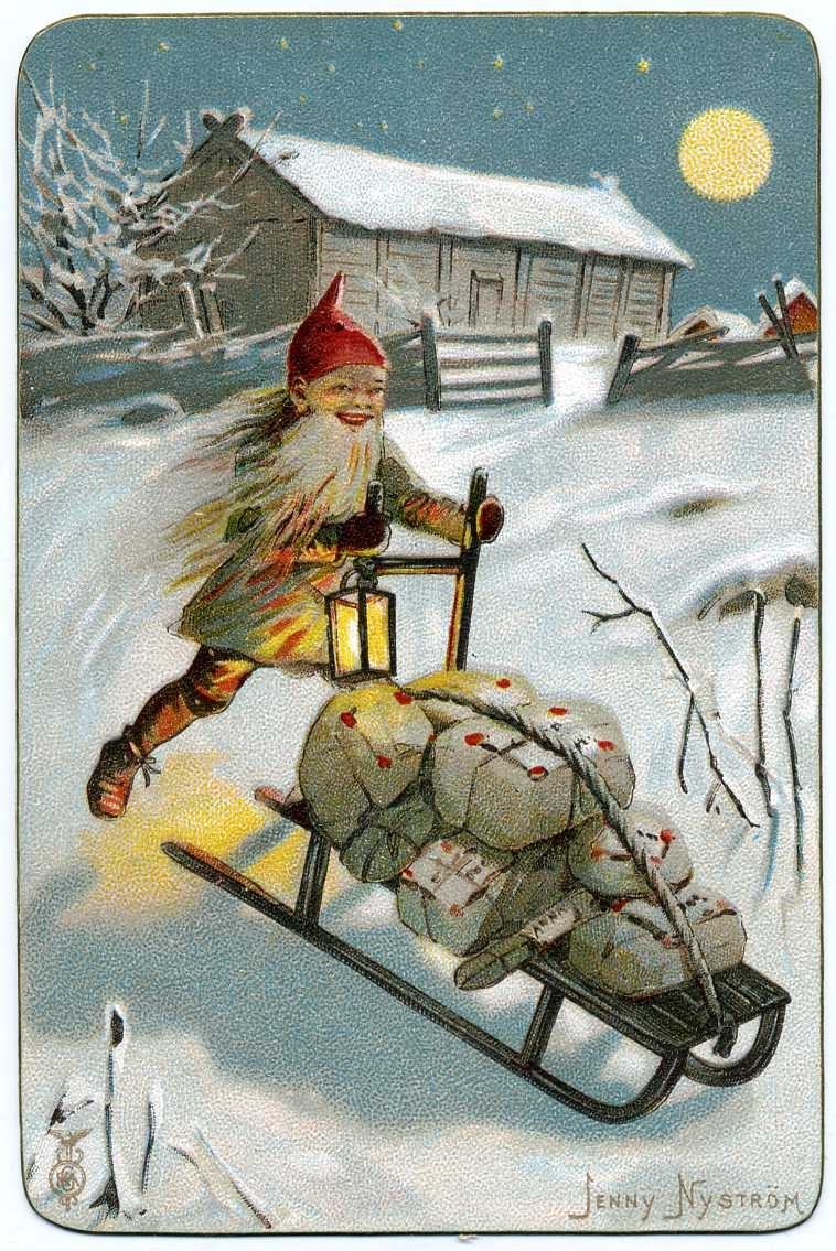 En tomte med juklappar på en sparkstöttning far fram i ett vinterlandskap under fullmåne. Illustration av Jenny Nyström.