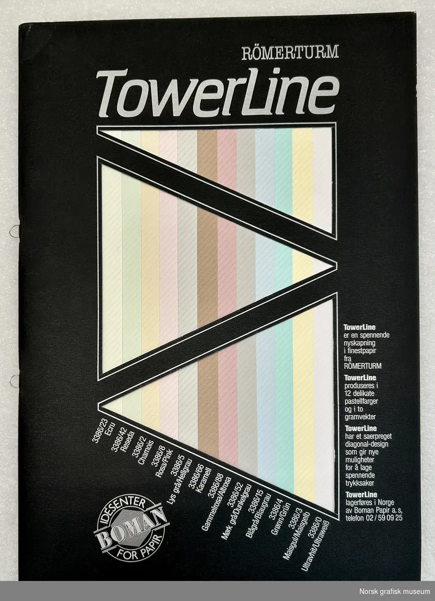 Katalog med sort omslag med utskjæringer i forsiden. Inneholder vareprøver av Towerline fra Römerturm.