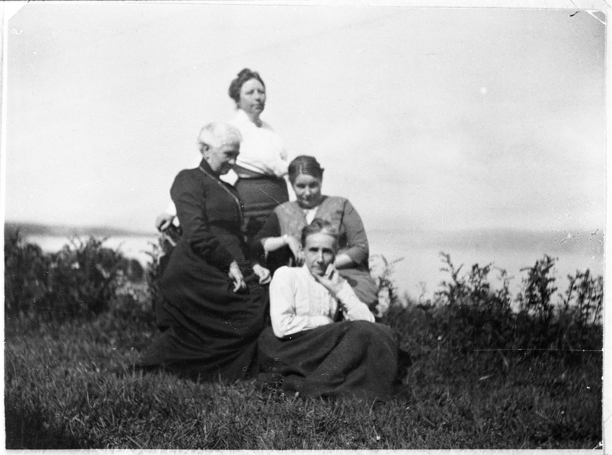 Personer avbildet enten på Evenrud eller på Askvang, Kapp i Østre Toten, ca. 1910. Personene er Emma Bugge (f.Borchgrevink), Gretchen Borchgrevink (f.Greve), Elsa Raabe (g.m. Gustav Raabe, direktør i Sverige), og Thekla Raabe sittende foran.