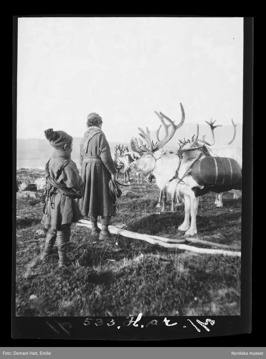 En kvinna och hennes son, Siri och Andaras (Sara och Nilsa Turi), tillsammans med Siris finaste ren Leksu under vinterflytten 1907-1908. Troligen vid Laimo Bilden ingår i en serie fotografier tagna av Emilie Demant Hatt i Sapmi mellan åren 1907 och 1916.