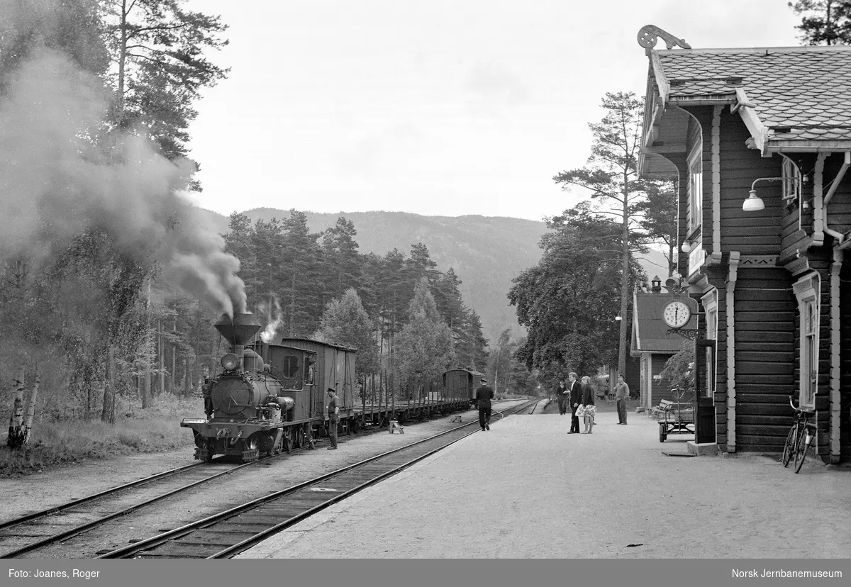 Blandet tog fra Grovane har ankommet Byglandsfjord stasjon. Toget trekkes av damplok type XXI nr. 2.