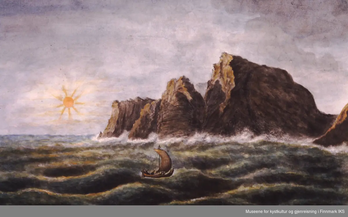 Illustrasjon. "Nordkap i 1801", lithografi etter en kobberstikk av A. F. Skjøldebrand. Små båt synlig i forgrunnen.