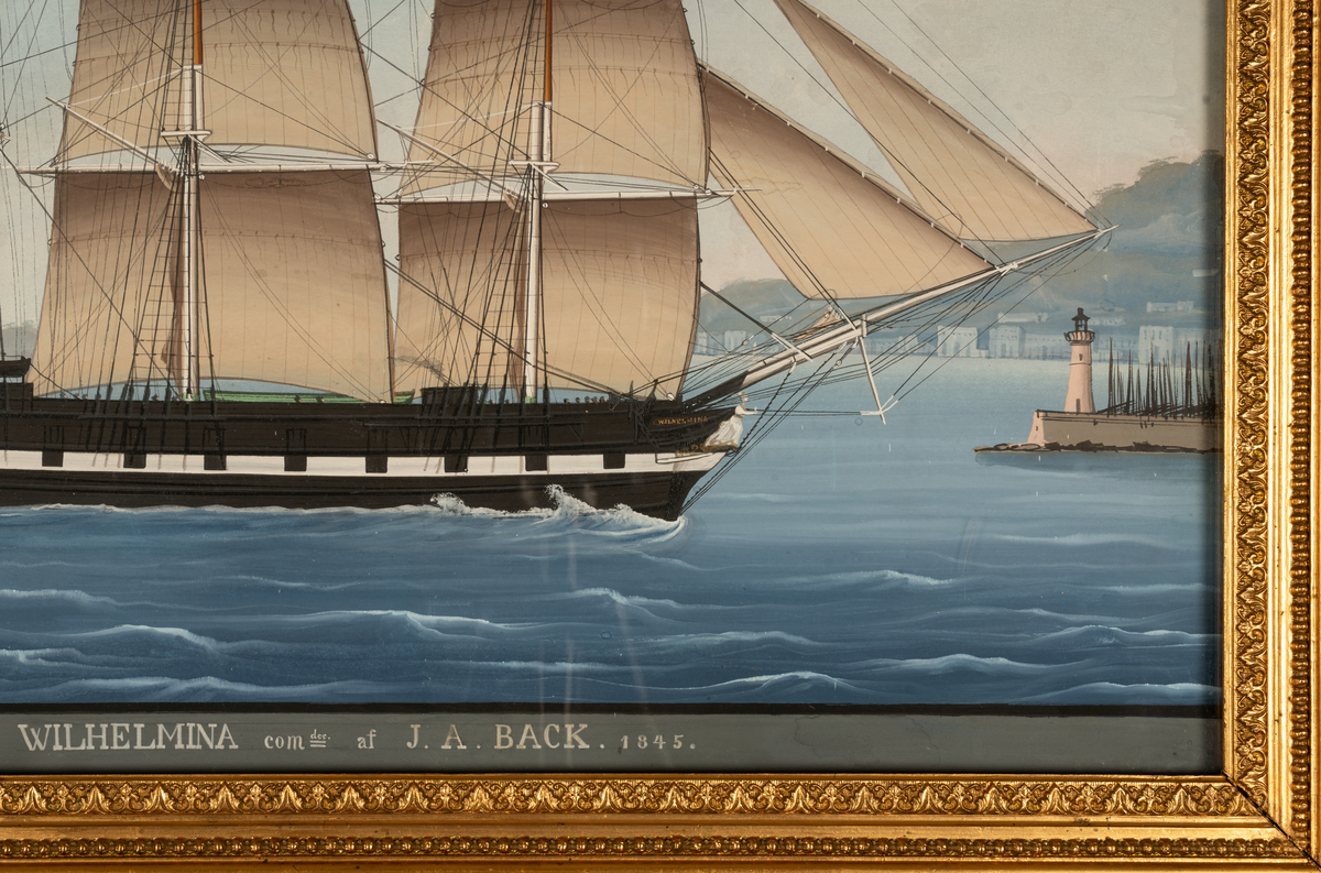 Fartygsmålning av barkskeppet Wilhelmina, byggt 1838 på Södra varvet i Gävle av John Hillman för L P Löthman och Cark Erik Rahm. Sålt till Norge 1852. Målat mellan 1845-1851 då dess befälhavare var Johan Back.