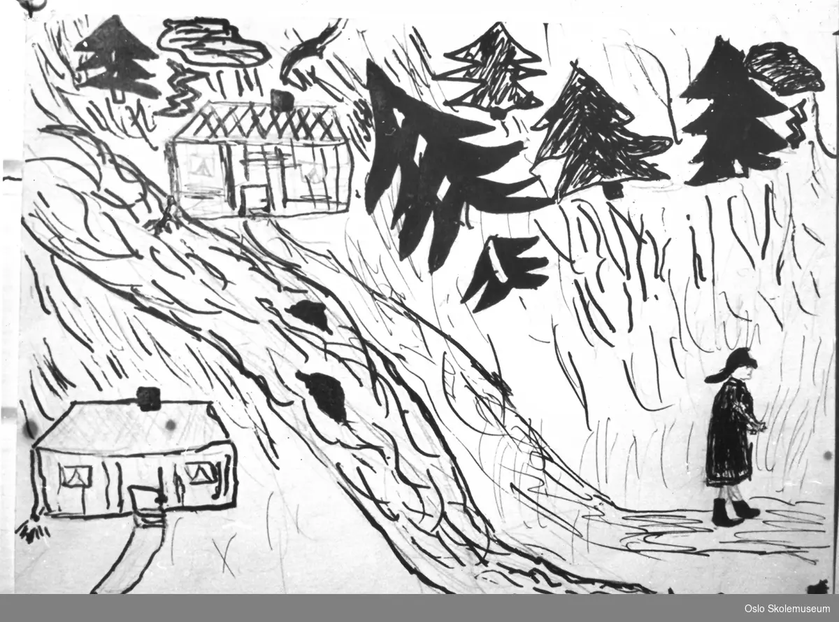 Elevtegning av landskap med trær, to hus og et menneske. Tegningen er signert med navnet Anna Erlandsen.
