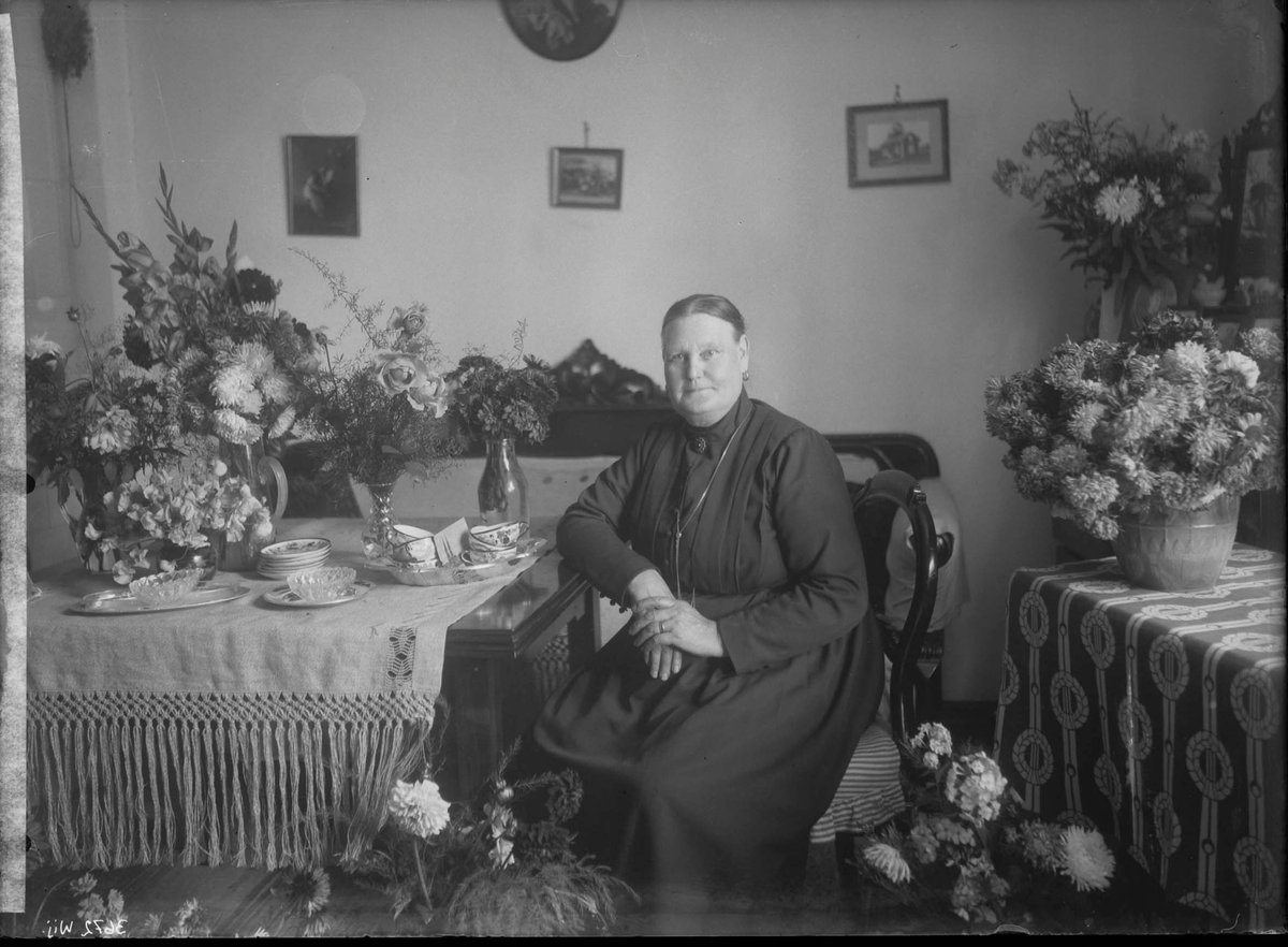 Fotografering beställd av P. Larsson. Föreställer hans hustru Hedvig Charlotta Östberg, gift Larsson (1867-1936) som här firar sin 60-årsdag den 11 september 1927.