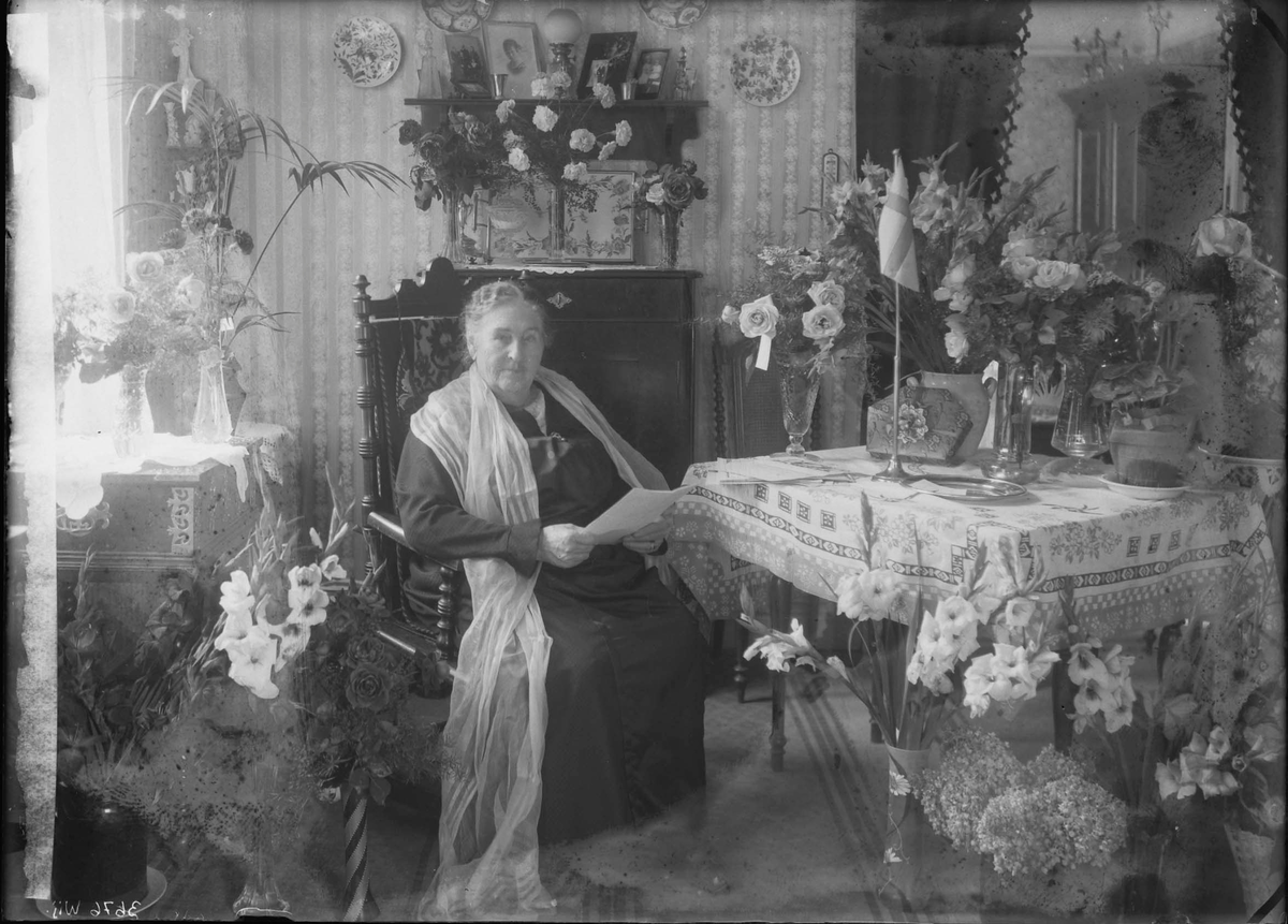 Fotografering beställd av Klefberg. Föreställer Hilma Dorotea Pettersson, gift Klefberg (1847-1931) som här firar sin 80-årsdag den 18 september 1927.