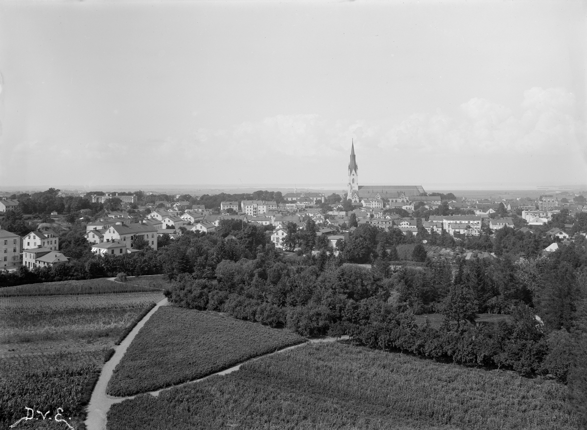 Linköping från utsiktstornet Belvederen. Vy mot norr med ett blickfång från Kanbergets höjder i vänster bildkant till Jonn O Nilsons hus invid Stora torget till höger. Odaterad bild från omkring sekelskiftet 1900.