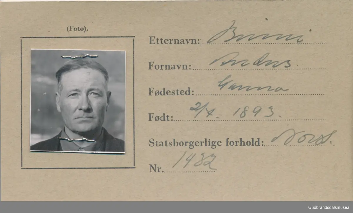 Anders Brimi, f. 1893
ID-kort utstedt 1941, Lom