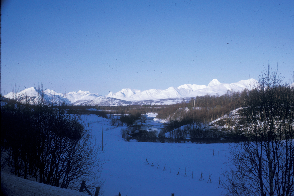Balsfjord Stamfiskbasseng, Malangen 1974 : Snøkledd dal med en elv igjennom. Snøkledde fjell i bakgrunnen.