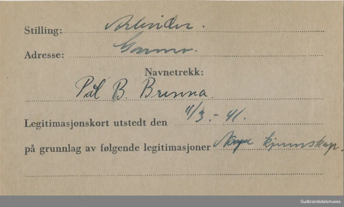 Brenna - Pål  f.1911
ID-kort utstedt 1941, Lom