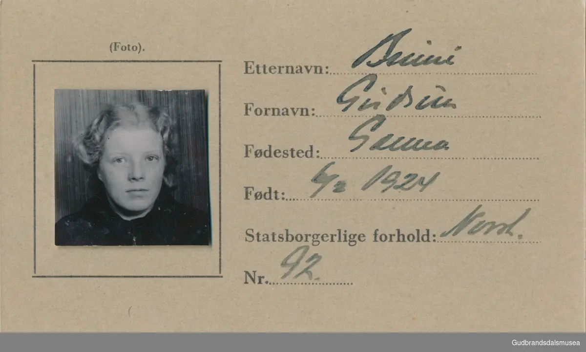 Brimi - Gudrun f.1924
ID-kort utstedt 1941, Lom