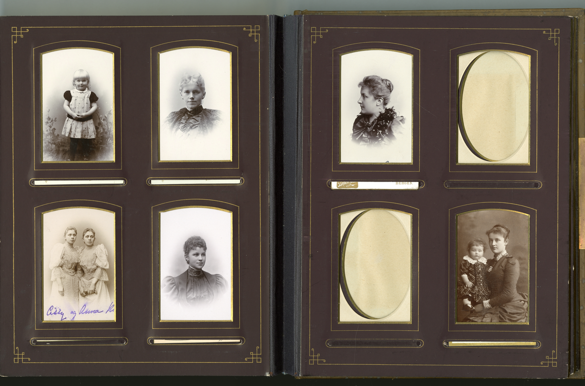 Visittkortfoto tatt på 1880- og 1890-tallet. Hovedsakelig studioportrett av familie og venner, Aall familie i Skien og Arendal samt noe Løvenskiold portretter