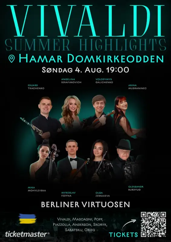Svart plakat med bilde av åtte klassiske musikere med sine instrumenter og oversktiften VIVALDI: Summer HIghlights"