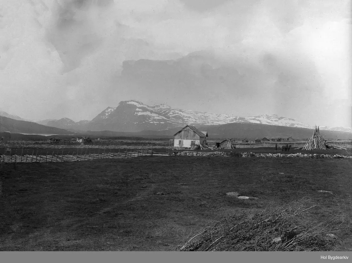 Rugnus-stølen på Langestølen nord for Tisleifjorden. Gardsbruk,stølsvollar, skigard, låve