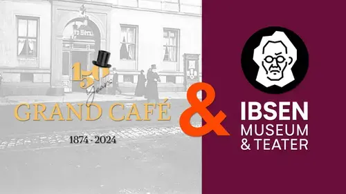 Plakat som viser logoene til Ibsen Museum og Teater og Grand Café
