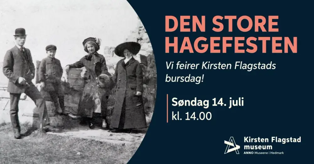 Plakat med informasjon om feiringen av Kirsten Flagstads fødselsdag. Feiringen er søndag 14. juli, kl. 14.00